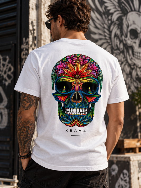 Camiseta Masculina Algodão CULT COLLECTION – Caveira Ornamental Colorida