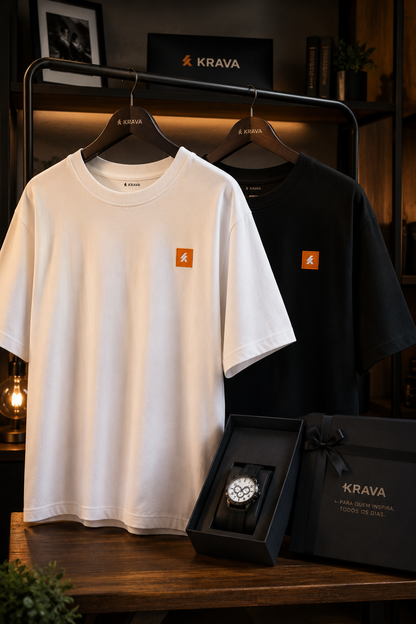 Kit 2 Camisetas KRAVA Oversized Premium + Relógio Social